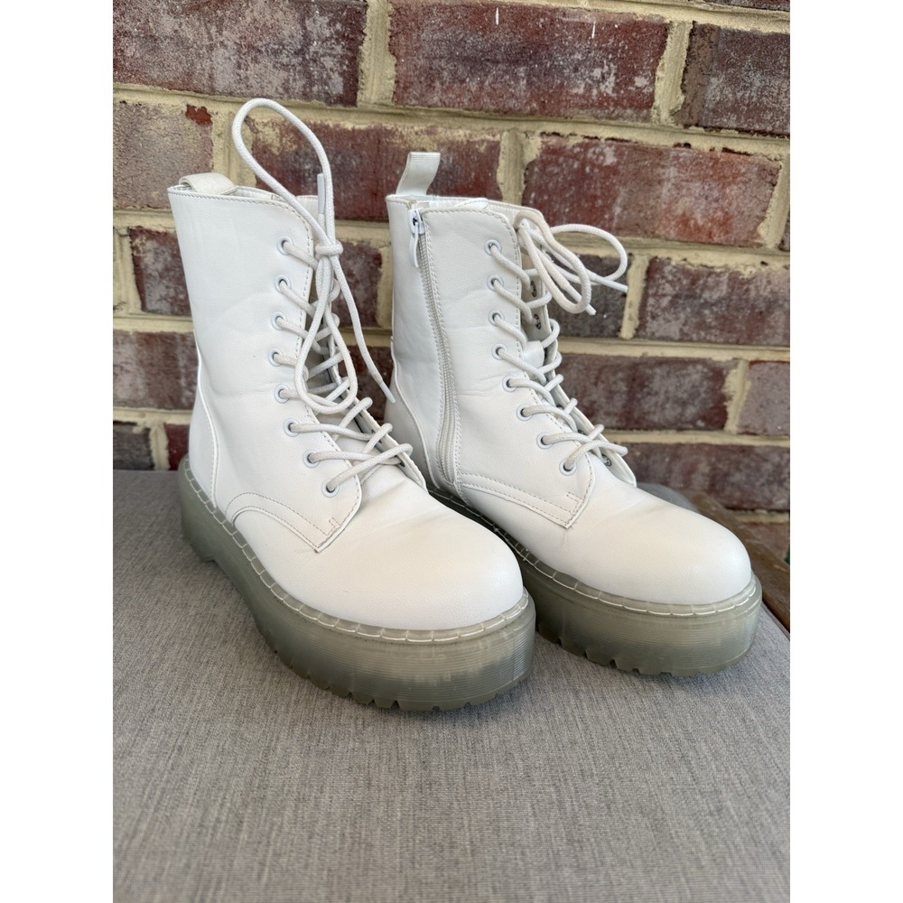 Jellypop White Combat Platform Lug Sole Lace Up Side Zip Boots Size 38 US8